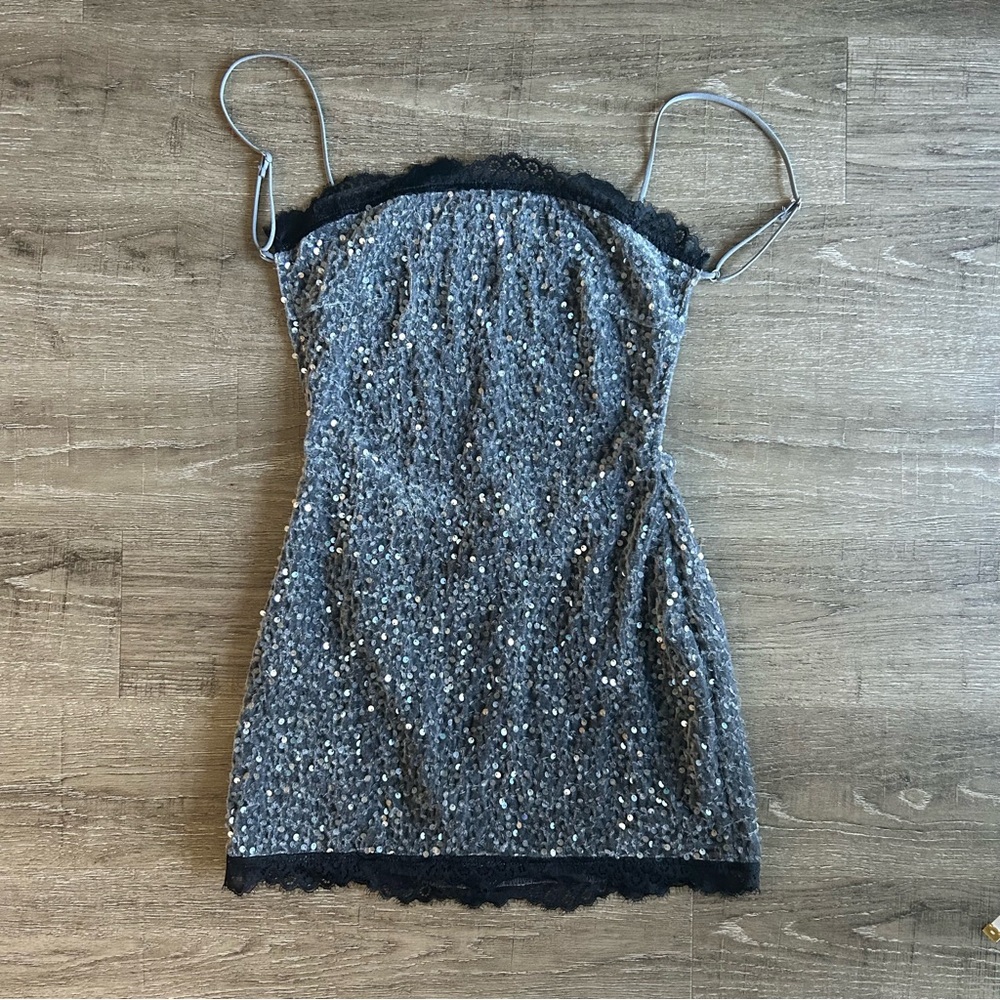 Silver Sequin Slip Dress with Black Lace Trim Backless Silver Party Dress